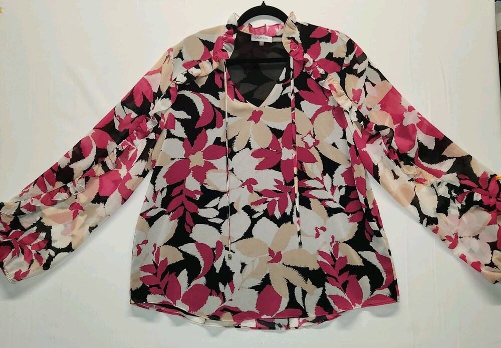 Calvin Klein Tie Neck Long Sleeve Floral Top Black Pink Size XL